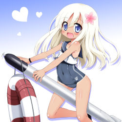 Rule 34 | 10s, 1girl, blonde hair, blue eyes, crop top, flower, hair flower, hair ornament, hino hino, kantai collection, lifebuoy, long hair, ro-500 (kancolle), sailor collar, school swimsuit, swim ring, swimsuit, swimsuit under clothes, tan, tanline, thighs, torpedo, white background
