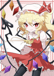 Rule 34 | 1girl, absurdres, amairosame489, back bow, black pantyhose, blonde hair, bow, bright pupils, choker, collared shirt, crystal, fang, flandre scarlet, frilled shirt collar, frills, hat, highres, laevatein (tail), mob cap, one side up, pantyhose, puffy short sleeves, puffy sleeves, red eyes, red skirt, red vest, shirt, short sleeves, skirt, smile, tail, touhou, vest, white headwear, white pupils, wings