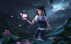 Rule 34 | 1girl, blue dress, blue ribbon, blunt bangs, breasts, brown hair, cloud, cloudy sky, cowboy shot, double bun, dress, flower, hair bun, hair ribbon, hand on own chest, hands up, high collar, highres, kongjian bo, leaf, light particles, lily pad, lipstick, long hair, makeup, moonlight, mountain, night, nose, pants, parted lips, partially submerged, pink lips, plant, purple eyes, ribbon, sash, short dress, short sleeves, sidelocks, sky, solo, very long hair, wading, water, white pants, xianjian qixia zhuan, zhao linger