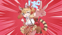 Rule 34 | 1girl, animal ears, belt, bow, bow (music), bowtie, brown eyes, brown hair, cat ears, cat girl, cat tail, extra ears, highres, instrument, kemono friends, kemono friends v project, large-spotted genet (kemono friends), long hair, looking at viewer, microphone, one eye closed, red background, ribbon, shirt, simple background, skirt, solo, suspenders, tail, thighhighs, twintails, v, violin, virtual youtuber, yoshizaki mine