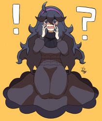 Rule 34 | !, 1girl, ?, @ @, ahoge, black hair, blush, commentary request, creatures (company), dress, embarrassed, full body, game freak, hair between eyes, hairband, hands up, hex maniac (pokemon), highres, ida (idalol490), kneeling, long hair, long sleeves, looking at viewer, messy hair, nintendo, open mouth, pokemon, pokemon xy, purple hairband, signature, simple background, solo, tongue, turtleneck, yellow background