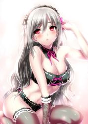 Rule 34 | 10s, 1girl, alternate hairstyle, bikini, blush, breasts, cleavage, collar, detached collar, elbow gloves, floral print, gloves, hair down, hairband, idolmaster, idolmaster cinderella girls, kanzaki ranko, large breasts, lolita hairband, long hair, navel, parted lips, print gloves, red eyes, ribbon-trimmed collar, ribbon trim, silver hair, single glove, solo, swimsuit, thighhighs, very long hair, zen