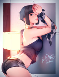 Rule 34 | 1girl, absurdres, ahoge, alternate breast size, artist name, bare shoulders, bed frame, black hair, black shorts, blunt bangs, borrowed character, bound, bound wrists, breast press, breasts, commentary, dimples of venus, english commentary, english text, eyeliner, highres, lamp, large breasts, looking at viewer, makeup, midriff, mole, mole under eye, no bra, on bed, one eye covered, original, pantylines, purple eyes, scarf, unworn scarf, see-through, short hair, short shorts, shorts, sidelocks, solo, strapless, tera (aurahack), thighs, tsuaii, very short hair, wall