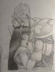 Rule 34 | 1boy, 1girl, ainu clothes, arm grab, artist name, black hair, closed eyes, fingerless gloves, galford d weller, gloves, hair ribbon, hand on another&#039;s face, height difference, highres, hug, japanese clothes, long hair, monochrome, nakoruru, ninja, pointy hair, ribbon, samurai spirits, sketch, smile, snk, traditional media
