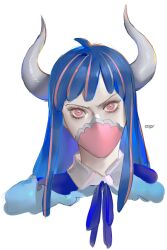 Rule 34 | 1girl, ahoge, blue cape, blue hair, cape, collared shirt, covered mouth, cropped shoulders, curled horns, dinosaur girl, horns, jewelry, long hair, looking at viewer, mask, mouth mask, multicolored hair, necklace, one piece, pink eyes, pink hair, pink mask, raine (acke2445), shirt, solo, streaked hair, ulti (one piece), white background