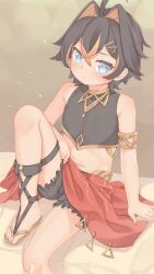 Rule 34 | 1girl, aged down, ahoge, alternate costume, arm support, armlet, bench, black bloomers, black hair, bloomers, blue eyes, breasts, colored inner hair, commentary request, dehya (genshin impact), genshin impact, gladiator sandals, hair between eyes, hair ornament, hairclip, highres, knee up, legs, looking at viewer, multicolored hair, navel, sakurea, sandals, short hair, sidelocks, sitting, sleeveless, small breasts, solo, tank top, toes, two-tone hair, underwear, zouri