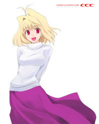 00s 1girl arcueid_brunestud blonde_hair female_focus long_skirt red_eyes shirotsumekusa short_hair skirt smile solo sweater tsukihime turtleneck