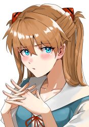 Rule 34 | 1girl, :/, blue eyes, blush, bow, bowtie, breasts, brown hair, collarbone, collared shirt, dress shirt, fingernails, highres, himagin20180321, interface headset, long hair, looking at viewer, medium breasts, neon genesis evangelion, open mouth, school uniform, shirt, simple background, solo, souryuu asuka langley, tokyo-3 middle school uniform, two side up, white background, white shirt