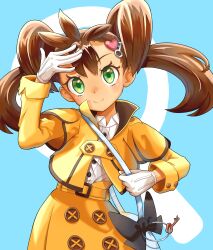 Rule 34 | 1girl, absurdres, arm up, bag, belt, brown hair, buttons, closed mouth, collared shirt, creatures (company), eyelashes, ffccll, game freak, gloves, green eyes, hair ornament, head tilt, heart, heart hair ornament, highres, holding strap, jacket, key, key hair ornament, charm (object), looking at viewer, mixed-language commentary, nintendo, official alternate costume, pokemon, pokemon masters ex, shauna (pokemon), shauna (special costume) (pokemon), shirt, shoulder bag, skirt, smile, solo, twintails, white gloves, white shirt, yellow belt, yellow jacket, yellow skirt