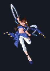 Rule 34 | 1girl, anklet, antenna hair, bad id, bad postype id, bandeau, bangle, black background, blue jacket, blue nails, bracelet, breasts, brown hair, chakram, character request, copyright request, earrings, full body, hair tubes, highres, holding, holding weapon, huge 0330, index finger raised, jacket, jewelry, long hair, looking at viewer, medium breasts, midriff, multicolored hair, nail polish, navel, one eye closed, open mouth, pants, platform footwear, pointy ears, red eyes, sarong, simple background, smile, solo, streaked hair, toes, weapon, white pants