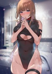 Rule 34 | 1girl, black leotard, blue eyes, blunt bangs, blurry, blurry background, breasts, brown hair, cameltoe, cleavage, cleavage cutout, clothing cutout, commentary request, covered navel, groin, heart cutout, highleg, highleg leotard, highres, karinto yamada, leotard, long hair, looking at viewer, original, solo, standing, thigh strap