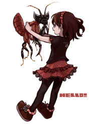 Rule 34 | 1girl, :d, animal, black eyes, black pants, bow, brown hair, english text, frilled skirt, frills, full body, giant insect, hair bow, hairband, holding, holding animal, looking at another, mantis, open mouth, original, pants, polka dot, praying mantis, red skirt, sachy (sachichy), shoes, short hair, short sleeves, simple background, skirt, smile, text focus, white background