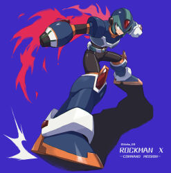 Rule 34 | 1boy, arm cannon, armor, belt, body armor, bodystocking, boots, fighting stance, forehead jewel, gauntlets, gloves, green eyes, helmet, highres, looking at viewer, male focus, mega man (series), mega man x: command mission, mega man x (series), official alternate costume, red scarf, scarf, simple background, vani (hisha 04), weapon, x (mega man)