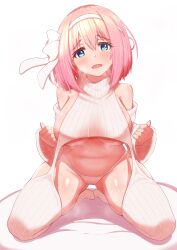 Rule 34 | 1girl, artist request, blue eyes, breasts, detached sleeves, hairband, highres, kneeling, large breasts, meme attire, pink hair, princess connect!, short hair, simple background, solo, virgin destroyer sweater, white hairband, yui (princess connect!)