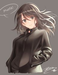 Rule 34 | 10s, 1girl, bad id, bad twitter id, black jacket, blush, breasts, brown eyes, brown hair, finnish text, fumika asano, girls und panzer, hands in pockets, highres, jacket, large breasts, lips, long hair, long sleeves, looking at viewer, mika (girls und panzer), signature, simple background, smile, solo, speech bubble, translated, upper body, zipper