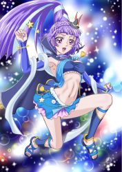 Rule 34 | 1girl, black hat, blue footwear, blue skirt, breasts, cloak, cure magical, cure magical (sapphire style), hat, high ponytail, izayoi liko, mahou girls precure!, medium breasts, mini hat, mini witch hat, miniskirt, navel, peke (nariyuki koubou), ponytail, precure, purple eyes, purple hair, sandals, shoes, skirt, star (symbol), starry background, thighs, veil, witch hat