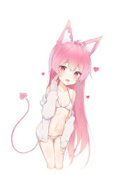 Rule 34 | 1girl, aak, absurdres, ahoge, animal ear fluff, animal ears, bad id, bad pixiv id, bare shoulders, bikini, bikini under clothes, blush, breasts, collarbone, commentary request, commission, copyright request, cropped legs, demon tail, fang, groin, hair between eyes, hand up, heart, highres, jacket, korean commentary, long hair, long sleeves, navel, off shoulder, open clothes, open jacket, open mouth, pink hair, red eyes, simple background, sleeves past wrists, small breasts, solo, swimsuit, tail, thigh gap, very long hair, white background, white bikini, white jacket
