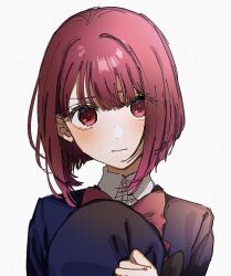 Rule 34 | 1girl, arima kana, blue jacket, blunt ends, blush, hat, unworn hat, unworn headwear, holding, holding clothes, holding hat, iwawa, jacket, looking at viewer, open clothes, open jacket, oshi no ko, red eyes, red hair, school uniform, short hair, simple background, solo, upper body, white background, youtou high school uniform