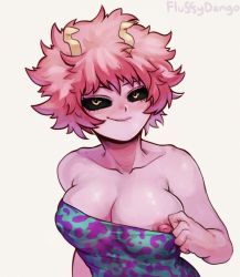 Rule 34 | 1girl, artist name, ashido mina, black sclera, boku no hero academia, breasts, clothes pull, colored sclera, colored skin, fluffydango, horns, large breasts, lip biting, nipple slip, nipples, one breast out, pink hair, pink skin, pulling own clothes, self exposure, smile, solo, yellow eyes