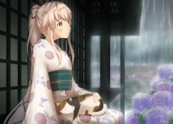 Rule 34 | 1girl, absurdres, alternate costume, animal, animal on lap, architecture, cat, cat on lap, closed mouth, commentary request, east asian architecture, floral print, flower, from side, hair ornament, hair ribbon, highres, hydrangea, japanese clothes, kantai collection, kimono, long hair, looking at viewer, obi, on lap, pink hair, ponytail, rain, ribbon, sash, shanghmely, sitting, smile, solo, very long hair, wide sleeves, yellow eyes, yukata, yura (kancolle)