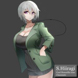 Rule 34 | 1girl, absurdres, breasts, character name, cleavage, cowboy shot, earbuds, earphones, green jacket, grey background, highres, j yak47, jacket, large breasts, open clothes, open jacket, original, purple eyes, ribbed sweater, short hair, silver hair, sweater, thighs