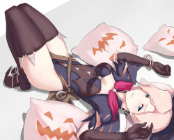 Rule 34 | 1girl, black thighhighs, blonde hair, blue eyes, boots, bracelet, earrings, hat, highres, jack-o&#039;-lantern, jewelry, looking at viewer, lying, mercy (overwatch), official alternate costume, on back, overwatch, overwatch 1, pillow, quentin lecuiller, solo, thighhighs, witch hat, witch mercy