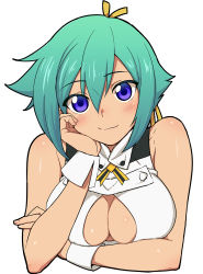 Rule 34 | 10s, 1girl, aquarion (series), aquarion evol, breasts, cleavage, cleavage cutout, clothing cutout, green hair, purple eyes, simple background, smile, solo, tokita arumi, white background, zessica wong