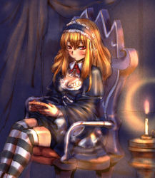 Rule 34 | 1girl, blonde hair, blush, bow (bhp), breasts, cleavage, dress, gothic lolita, handheld game console, lolita fashion, long hair, medium breasts, original, playing games, red eyes, revision, sitting, solo, striped clothes, striped thighhighs, thighhighs
