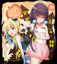Rule 34 | 2girls, :d, bad id, bad pixiv id, blend s, blonde hair, blue dress, blue eyes, blue gloves, blunt bangs, blush, border, breasts, brown hair, building, choker, collarbone, cowboy shot, demon horns, demon tail, demon wings, dress, evil smile, finger to mouth, frilled sleeves, frills, gloves, hair between eyes, halloween, halo, hand on own thigh, highres, hinata kaho, horns, jack-o&#039;-lantern, leaning forward, long hair, looking at viewer, low twintails, medium breasts, multiple girls, open mouth, outside border, pleated skirt, pom pom (clothes), purple eyes, saira, sakuranomiya maika, shaded face, short sleeves, skirt, sleeveless, sleeveless dress, small breasts, smile, tail, thighhighs, twintails, v, very long hair, white wings, wings