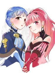 Rule 34 | 2girls, blue hair, blunt bangs, braid, breasts, brown eyes, cleavage, closed mouth, crown braid, earrings, female focus, fire emblem, fire emblem: three houses, from side, gloves, hilda valentine goneril, holding hands, jewelry, long hair, marianne von edmund, matching hair/eyes, multiple girls, nintendo, one eye closed, open mouth, pink eyes, pink hair, ponytail, red gloves, simple background, twitter username, upper body, white background, wink, yutohiroya