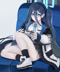 Rule 34 | 1girl, absurdres, aqua halo, aris (blue archive), armchair, black skirt, blue archive, blue eyes, blue hair, blue necktie, blush, chair, closed mouth, controller, full body, game controller, gcg, hair between eyes, hairband, halo, highres, holding, holding controller, holding game controller, jacket, long hair, looking at viewer, necktie, open clothes, open jacket, rectangular halo, shirt, shoes, side ponytail, simple background, sitting, skirt, sneakers, socks, solo, unhappy, white footwear, white jacket, white shirt