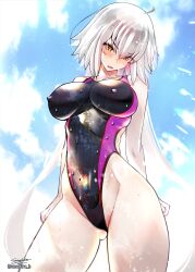 Rule 34 | 1girl, absurdres, ahoge, black one-piece swimsuit, blue sky, breasts, cloud, competition swimsuit, covered erect nipples, cowboy shot, day, fate/grand order, fate (series), gluteal fold, grey hair, highleg, highleg swimsuit, highres, jeanne d&#039;arc alter (avenger) (fate), jeanne d&#039;arc alter (fate), large breasts, long hair, looking down, one-piece swimsuit, sanazura hiroyuki, sky, solo, standing, swimsuit, variant set, very long hair, wet, wet clothes, wet swimsuit, yellow eyes