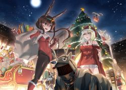 &gt; &lt;, 2others, 6+girls, :d, @ @, absurdres, amiya (arknights), animal collar, animal ears, antlers, arknights, bangs, black hair, black legwear, blonde hair, blue eyes, boots, breasts, building, candy, candy cane, ceobe (arknights), chain, christmas, christmas ornaments, christmas tree, collar, commentary request, covered navel, decorating, detached collar, doctor (arknights), dress, dress straps, drone, femdom, food, foot up, fox tail, frilled dress, frills, frown, full moon, fur collar, gift, gloves, grani (arknights), green eyes, gummy (arknights), hair ornament, hairclip, hat, highleg, highleg leotard, highres, holding, holding leash, holding sack, kal&#039;tsit (arknights), kroos (arknights), ladder, leash, leotard, long hair, looking at another, medium hair, moon, moto toshi, mudrock (arknights), multiple girls, multiple others, multiple tails, night, night sky, notice lines, off-shoulder shirt, off shoulder, open mouth, outdoors, over shoulder, pantyhose, ponytail, red dress, red footwear, red gloves, red headwear, red leotard, reindeer antlers, sack, santa boots, santa costume, santa dress, santa gloves, santa hat, shirt, short dress, short hair, sky, sleigh, small breasts, smile, smirk, snowing, standing, star (sky), star (symbol), starry sky, stepladder, stepped on, strapless, strapless leotard, suzuran (arknights), tail