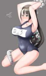 Rule 34 | 1girl, absurdly long hair, absurdres, abyssal ship, alternate costume, arms up, black hair, blue one-piece swimsuit, breasts, brown eyes, dated, enemy naval mine (kancolle), grey background, highres, kantai collection, large breasts, long hair, maru (marg0613), nachi (kancolle), name tag, one-piece swimsuit, restrained, school swimsuit, side ponytail, simple background, solo, swimsuit, teeth, tentacles, twitter username, very long hair