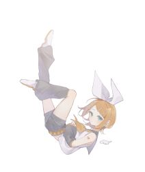 Rule 34 | 1girl, aqua eyes, bare shoulders, blonde hair, bow, detached sleeves, detached wings, falling, fetal position, flat chest, grey sailor collar, grey shorts, grey sleeves, hair bow, hair ornament, hairclip, headphones, headset, highres, kagamine rin, leg warmers, light blush, looking at viewer, midriff peek, neckerchief, number tattoo, sailor collar, shirt, short hair, shorts, shoulder tattoo, sideways glance, sleeveless, sleeveless shirt, solo, suiri (suiri 02), tattoo, vocaloid, white bow, wings, yellow neckerchief