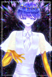 Rule 34 | 1other, androgynous, blue eyes, blue hair, blunt bangs, colored eyelashes, colored skin, crystal hair, esol 98, golden arms, heterochromia, highres, houseki no kuni, looking at viewer, necktie, outstretched hand, phosphophyllite, phosphophyllite (ll), short hair, smile, solo, spoilers, white eyes, white skin