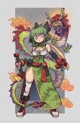 Rule 34 | 1girl, bare shoulders, black bow, bow, braid, breasts, chinese zodiac, cleavage, closed mouth, cloud, commentary, difman, dragon, dragon print, dress, elbow gloves, english commentary, eyeshadow, gem, gloves, green dress, green hair, grey background, hair between eyes, hair bow, highres, holding, holding scythe, horns, light frown, looking at viewer, makeup, medium breasts, open mouth, original, partially fingerless gloves, red eyeshadow, red footwear, red gemstone, red gloves, red hair, scythe, short hair, sleeveless, thighhighs, twin braids, weapon, white thighhighs, year of the dragon, yellow eyes