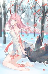 Rule 34 | 10s, 1girl, barefoot, blue eyes, bomhat, corset, darling in the franxx, dress, floating hair, full body, highres, horns, kneeling, long hair, looking at viewer, outdoors, parted lips, pink hair, short dress, sleeveless, sleeveless dress, snowing, soles, solo, torn clothes, torn dress, tree, white dress, zero two (darling in the franxx)