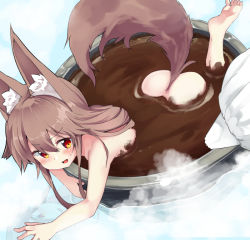 Rule 34 | 1girl, :d, animal ears, ass, barefoot, blush, brown hair, commentary request, dutch angle, fang, fox ears, fox tail, from above, hair between eyes, hot chocolate, in container, leg up, long hair, looking at viewer, noa (nagareboshi), nude, open mouth, original, outstretched arm, partially submerged, red eyes, reflection, ripples, smile, soles, solo, steam, sweatdrop, tail, toes, valentine, water