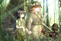 Rule 34 | 2021, 2girls, absurdres, arm sling, arrow (symbol), bad end, bandages, black hair, blonde hair, bolt action, brown eyes, captured, chousetsu (chongvon), commentary request, dated, defeat, dirty, empty eyes, english text, forest, girls&#039; frontline, green eyes, guadalcanal (island), guadalcanal campaign, gun, helmet, highres, holding hands, imperial japanese army, injury, jungle, light rays, m1903 springfield, military police, multiple girls, nature, pointing, pointing to the side, prisoner, rainforest, real life, rifle, sign, signature, size difference, skull, soldier, springfield (girls&#039; frontline), sunbeam, sunlight, torn clothes, tree, type 100 (girls&#039; frontline), united states marine corps, weapon, world war ii