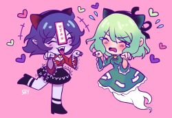 Rule 34 | +++, 2girls, animal ears, black footwear, black skirt, blush, breasts, cat, chibi, cleavage, cleavage cutout, closed eyes, clothing cutout, commentary, crop top, dress, english commentary, expressive clothes, fake animal ears, fangs, frilled sleeves, frills, full body, ghost tail, green dress, green hair, heart, highres, jiangshi, lace-trimmed sleeves, lace trim, medium breasts, miyako yoshika, multiple girls, ofuda, ofuda on clothes, open mouth, pale skin, paw pose, purple hair, red shirt, shirt, short hair, shygardeneel, skirt, smile, soga no tojiko, tongue, tongue out, touhou, wide sleeves