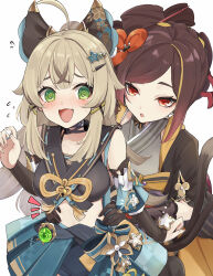 Rule 34 | 2girls, @ @, animal ears, black gloves, blonde hair, brown hair, brown tank top, cat ears, chiori (genshin impact), crossed bangs, emphasis lines, flying sweatdrops, genshin impact, gloves, green eyes, grey kimono, hair ornament, hair stick, hands on another&#039;s stomach, highres, japanese clothes, kimono, kirara (genshin impact), long hair, multicolored hair, multiple girls, multiple tails, nekomata, open mouth, red eyes, simple background, skirt, tail, tank top, two tails, ura (hamburg oniku)