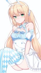Rule 34 | 1girl, absurdres, ahoge, animal ears, apron, artoria caster (fate), artoria caster (swimsuit) (fate), artoria caster (swimsuit) (second ascension) (fate), bare shoulders, blonde hair, blue bow, blue bowtie, blue dress, bow, bowtie, breasts, dress, fake animal ears, fate/grand order, fate (series), green eyes, highres, long hair, mati5572, puffy short sleeves, puffy sleeves, rabbit ears, short sleeves, small breasts, solo, striped clothes, striped thighhighs, thighhighs, twintails, vertical-striped clothes, vertical-striped thighhighs, very long hair, white apron