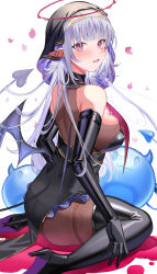 Rule 34 | 1girl, absurdres, amahara subaru, ass, black gloves, black headwear, blush, boots, breasts, demon tail, demon wings, ear piercing, elbow gloves, from side, gloves, halo, high heel boots, high heels, highres, large breasts, long hair, looking at viewer, original, parted lips, petals, piercing, pointy ears, purple eyes, sitting, slime (creature), tail, tail ornament, tail piercing, tearing up, thigh boots, thighs, wariza, white background, wings