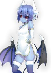 Rule 34 | 1girl, black sclera, blue hair, blue skin, blush, breasts, colored sclera, colored skin, contrapposto, demon girl, demon horns, demon tail, demon wings, dress, elbow gloves, gloves, hair between eyes, highres, horns, impossible clothes, looking at viewer, low wings, parted lips, pointy ears, purple thighhighs, red eyes, seizaverus, shinrabanshou, short dress, short hair, skin tight, small breasts, solo, standing, tail, thighhighs, white dress, white gloves, wings, zyugoya