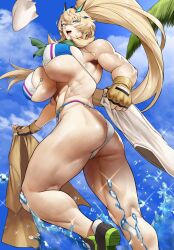 Rule 34 | 1girl, abs, absurdres, ass, bare shoulders, barghest (fate), barghest (swimsuit archer) (fate), biceps, bikini, blonde hair, blue sky, breasts, cleavage, fate/grand order, fate (series), fingerless gloves, gloves, green eyes, green scarf, grey hat, grey skirt, hat, high ponytail, highres, horns, large breasts, long hair, looking at viewer, multicolored bikini, multicolored clothes, muscular, muscular female, open mouth, scarf, shirt, shoes, skirt, sky, smile, sneakers, solo, swimsuit, thick thighs, thighs, unworn clothes, water, white bikini, yellow gloves, yellow shirt, yoshio (55level)