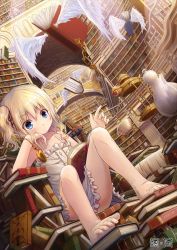 Rule 34 | 1girl, akiyama uta, arm support, bare arms, bare shoulders, barefoot, blonde hair, blue eyes, blush, book, bookshelf, chain, child, collaboration, collarbone, commentary request, cup, dress, dutch angle, elbow rest, expressionless, fantasy, feathered wings, feet, female focus, fingernails, frilled dress, frills, hair between eyes, hair ribbon, head tilt, highres, indoors, kago no tori, key, library, long hair, magic, open book, original, pile of books, pocket, pocket watch, railing, reading, red ribbon, ribbon, side ponytail, sitting, sleeveless, solo, teacup, teapot, toenails, toes, too many, too many books, v-shaped eyebrows, watch, wavy hair, white dress, white wings, wings