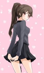 Rule 34 | 1girl, abimaru gup, arms behind head, black skirt, blush, brown eyes, brown hair, closed mouth, commentary request, cowboy shot, dress shirt, extra, from behind, girls und panzer, grey shirt, hair tie, heart, highres, kuromorimine school uniform, light blush, long hair, long sleeves, looking at viewer, looking back, miniskirt, one-hour drawing challenge, partial commentary, pink background, pleated skirt, ponytail, school uniform, shirt, skirt, smile, solo, standing, star (symbol), twintails