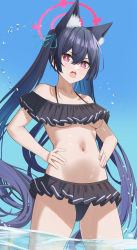 Rule 34 | 1girl, animal ear fluff, animal ears, bad id, bad pixiv id, bare shoulders, bikini, black bikini, black hair, blue archive, blue ribbon, blue sky, breasts, bright pupils, collarbone, cowboy shot, day, frilled bikini, frills, gaitoou, hair ribbon, halo, hands on own hips, highres, long hair, looking at viewer, medium breasts, navel, off-shoulder bikini, off shoulder, open mouth, outdoors, purple eyes, ribbon, serika (blue archive), serika (swimsuit) (blue archive), sky, solo, stomach, swimsuit, twintails, underboob, v-shaped eyebrows, very long hair, wading, water, water drop
