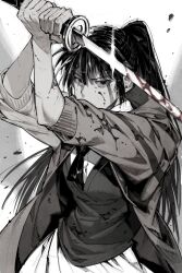 Rule 34 | 1girl, blood, blood on clothes, blood on face, bloody weapon, commentary request, fighting stance, highres, holding, holding sword, holding weapon, katana, korean commentary, lee jihye, long hair, looking at viewer, monochrome, necktie, now drawing, omniscient reader&#039;s viewpoint, ponytail, school uniform, scratches, serious, short sleeves, solo, sword, upper body, weapon